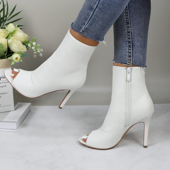 Lurnyet Women's White Peep Toe Ankle 4 Inch High Heel Boot - Picture 1 of 10